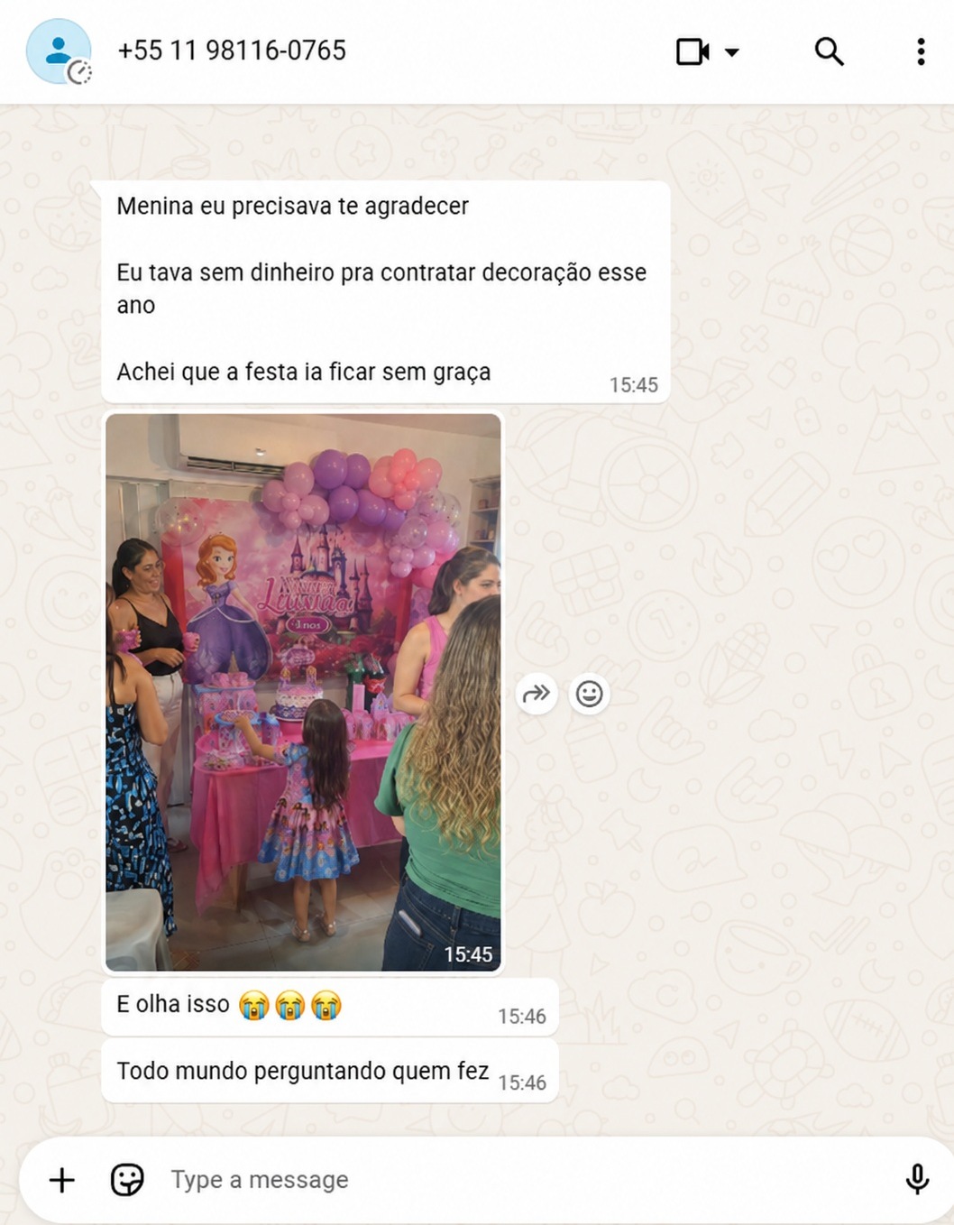 Depoimento no WhatsApp — resultado da festa em casa