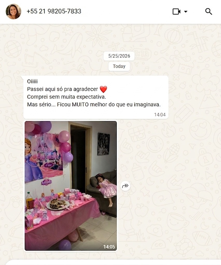 Depoimento no WhatsApp — mãe compartilhando a mesa montada